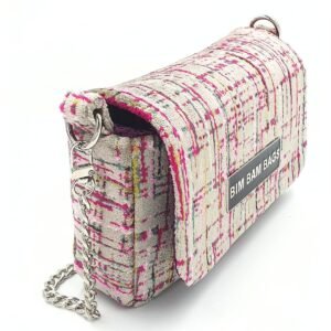 "bolso de terciopelo elegante Clutch Cross con diseño multicolor de líneas cruzadas"